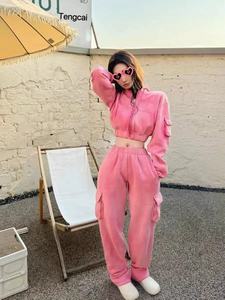 Teng Cai vêtements personnalisés surdimensionnés fermeture éclair haut court à capuche et jogger ensemble deux pièces Hip Hop femmes survêtement veste à capuche ensemble - Product Image 6