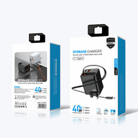 Chargeur mural USB rapide PD 40W noir de type C avec câble rétractable pour écouteurs et appareil photo, compatible UE/Royaume-Uni, vente en gros