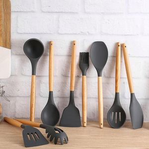 Cooking Non Stick Pot Storage Bucket Wooden Handle Silicone <b>Kitchenware</b> Set of 12 Silicone <b>Kitchenware</b> Shovel Set - Product Image 4