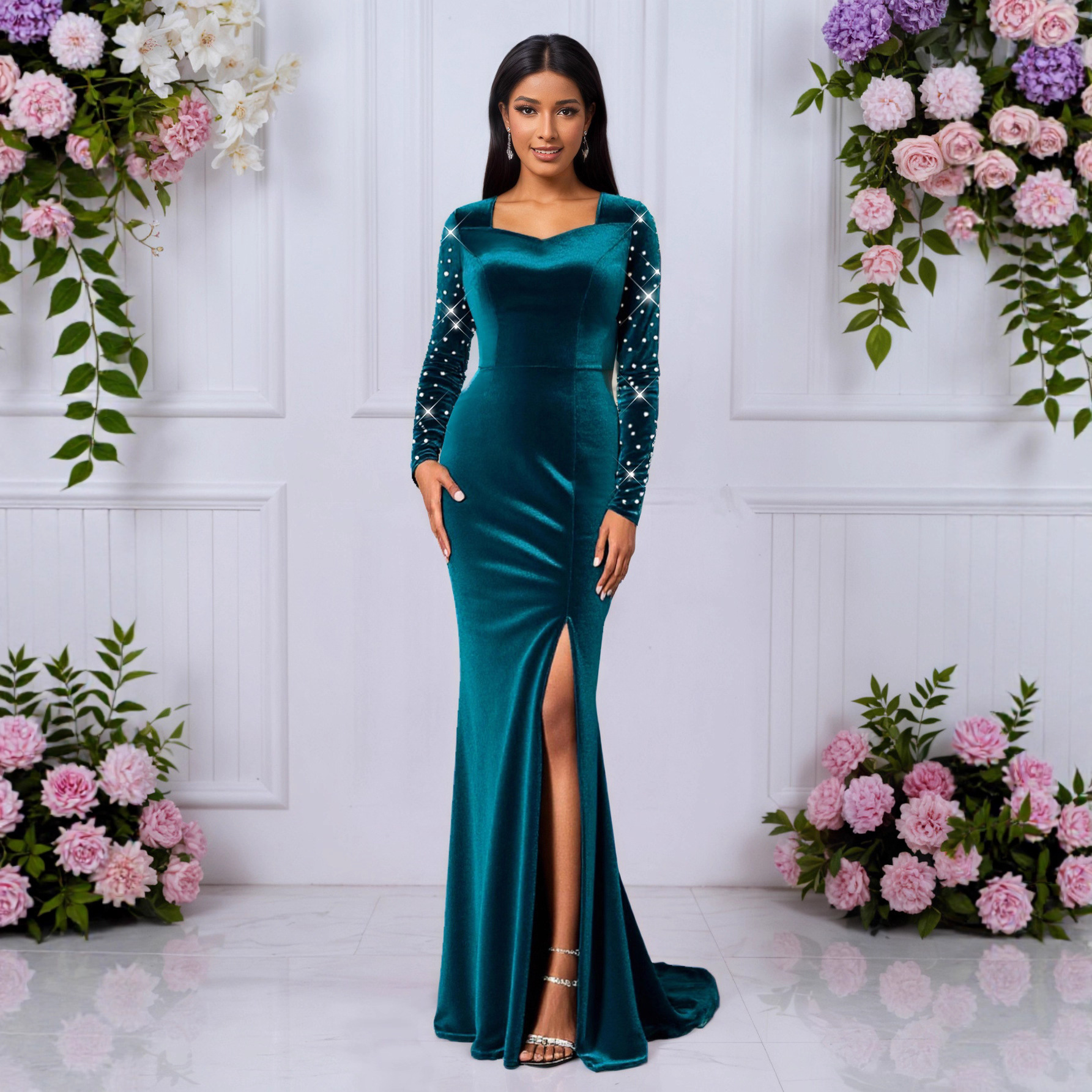 sachin and babi light blue dress Latest Design Winter Gowns for Women Evening Dresses Elegant High Slit  Rhinestone Beaded Velvet Party Dresses| Alibaba.com
