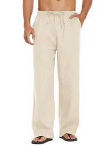 Pantalones holgados de lino para hombre, pantalón ligero de cintura elástica para playa, con cordón ajustable