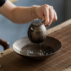 Handmade Stoneware Teapot Stand Round With Lid For Kung Fu <b>Tea</b> <b>Set</b> Water Storage Dry Brewing Tray - Product Image 1