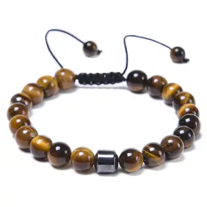 8mm Natural Stone Bead Tiger eye Healing volcanic stone Black Magnet hematite Braided Adjustable Bracelets for Women Men