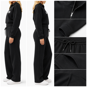Conjunto Deportivo de Dos Piezas para Mujer, Negro, con Media Cremallera, Logotipo Personalizado, Sudadera de Felpa Suave Premium y Pantalones Deportivos de Pierna Ancha - Product Image 5