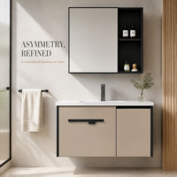 Meuble-lavabo mural en aluminium alvéolé kaki avec lavabo, poignée noire, comptoir en céramique, miroir et étagère latérale de rangement