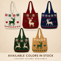 Sac fourre-tout en tricot doux avec motif renne et flocon de neige de Noël, sac à bandoulière pour le shopping, logo personnalisé, faible MOQ, OEM ODM, cadeau de fêtes, vente en gros