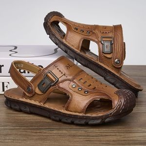 First Layer Cowhide Men <b>Closed</b> <b>Toe</b> <b>Sandals</b> Flat Rubber Sole Breathable Summer Casual Hook Loop Closure Size 40 - Product Image 3