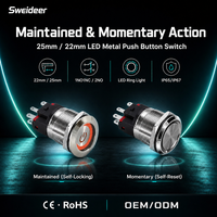 Interrupteur à bouton-poussoir en métal Sweideer 22mm 25mm, momentané ou à enclenchement, avec anneau LED en option, 1NO1NC 2NO, tête ronde, montage sur panneau, 10A 250VAC
