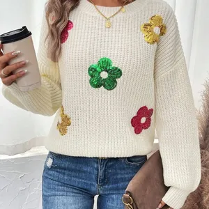 Fournisseur en gros <span class=keywords><strong>pull</strong></span> à manches longues et col rond <span class=keywords><strong>pull</strong></span> à fleurs <span class=keywords><strong>scintillant</strong></span> de haute qualité pour femmes - Product Image 1