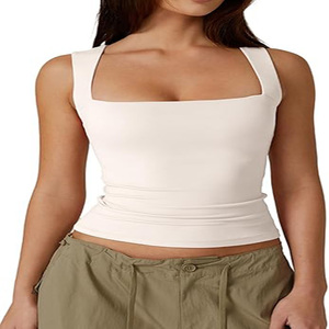 Camisetas sin mangas <span class=keywords><strong>de</strong></span> doble capa <span class=keywords><strong>de</strong></span> verano para mujer, Camisetas Básicas <span class=keywords><strong>de</strong></span> punto ajustadas, cuello cuadrado, diseño sin mangas, transpirable frontal personalizado - Product Image 3
