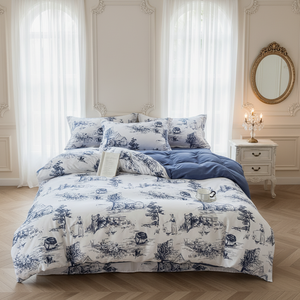 Ensemble de housse de couette en toile française classique 100% coton, motif floral, 3 pièces, réversible, literie écologique, fermeture éclair cachée, attaches d'angle - Product Image 1