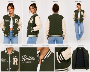 Veste universitaire pour femme, vert beige, avec lettre R brodée, style preppy, coupe classique, logo sur le devant - Product Image 6