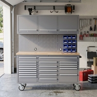 Armoire à outils roulante robuste OEM de 60 pouces, 20 tiroirs, poste de travail pour mécaniciens, plan de travail en bois, prise de courant, revêtement en poudre époxy
