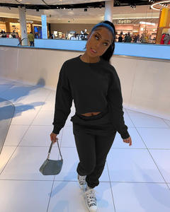 热卖纯色女式圆领针织套装运动装两件套女装连身衣 - Product Image 2