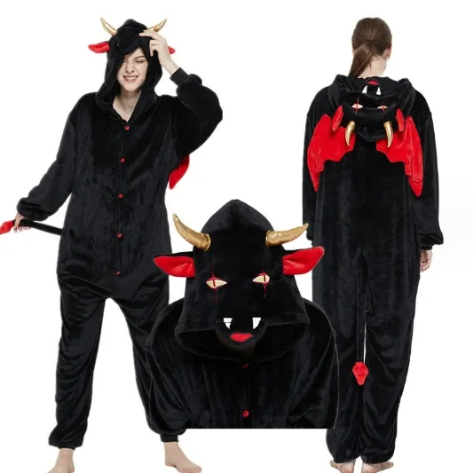 Dessin animé une pièce pyjama animal adulte enfants automne et hiver nouveau diable noir maison porter des onesies d'animaux