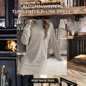 <span class=keywords><strong>Collection</strong></span> Automne Hiver Robe Décontractée Femme Col Roulé Manches Longues Coupe Trapèze Style Européen Américain Couleur Unie Lavable - Product Image 2