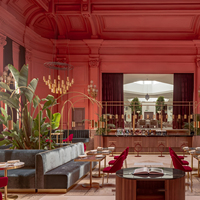 Ensemble de meubles de restaurant, canapé, mobilier d'intérieur maximaliste, suite de meubles de qualité supérieure, sièges en velours contrasté, chaise en velours rouge rubis