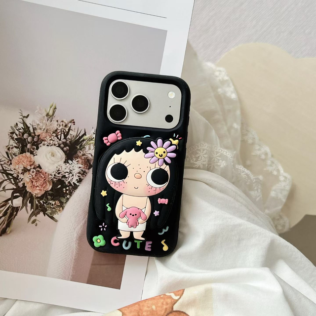 New Creative Rotating Stand Little Girl Phone Case for iPhone 17 16 Pro Max 15 13 Soft Silicone Shockproof Blue and Pink Cover