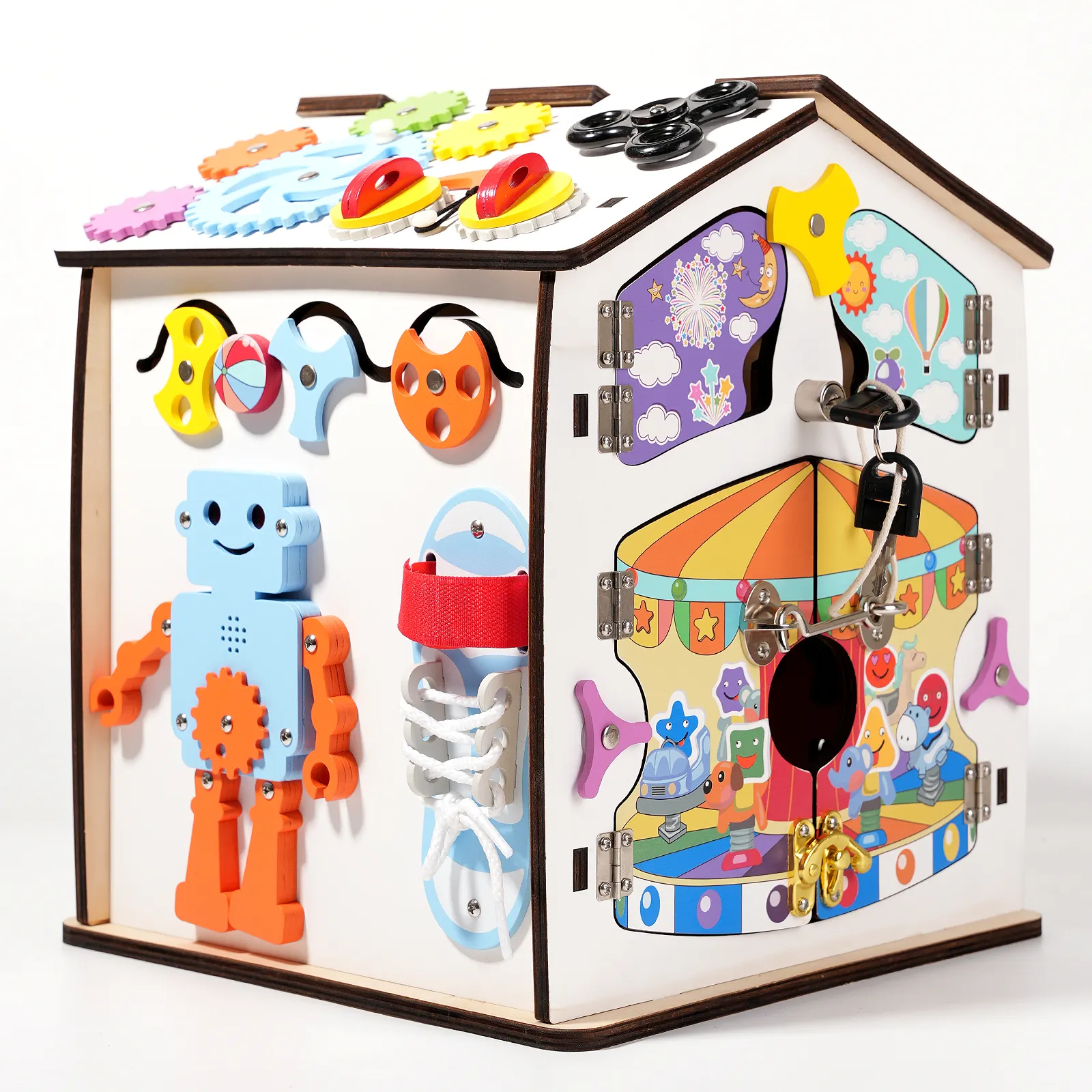 Wholesale Robot Busy House Busy Box Children Wooden Robot Gear Color Shape Matching Blocks