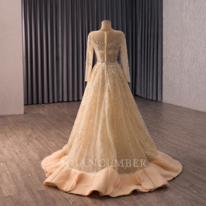 Robe de soirée sirène classique champagne à manches longues et sequins, avec surjupe détachable et broderie de perles de cristal naturelles - 251137 - Product Image 3