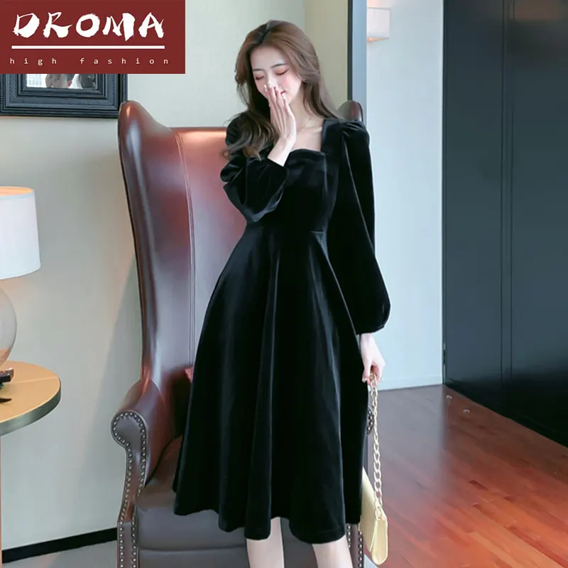 Droma in stock velvet dress autumn and winter women's 2021 new dress high-end hepburn style black dress long