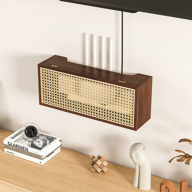 Medieval-style Wooden Woven Rectangle Storage Box for Wi-Fi Routers Wall-Mounted TV-Box Organizer Rack