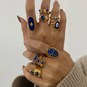 JZ001 Vintage Boho <b>Ring</b> | 18K Gold Plated Stainless Steel With Blue <b>Cat</b> Eye & Jade | Bridal & Everyday Jewelry - Product Image 3