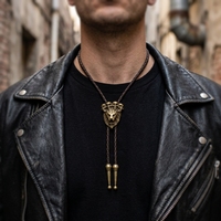 Collier Pendentif Bolo Tie Lion et Crâne en Bronze Antique, Bijou Multifonctionnel en Cuir Tressé PU et Alliage de Zinc, Style Western Cowboy pour Hommes