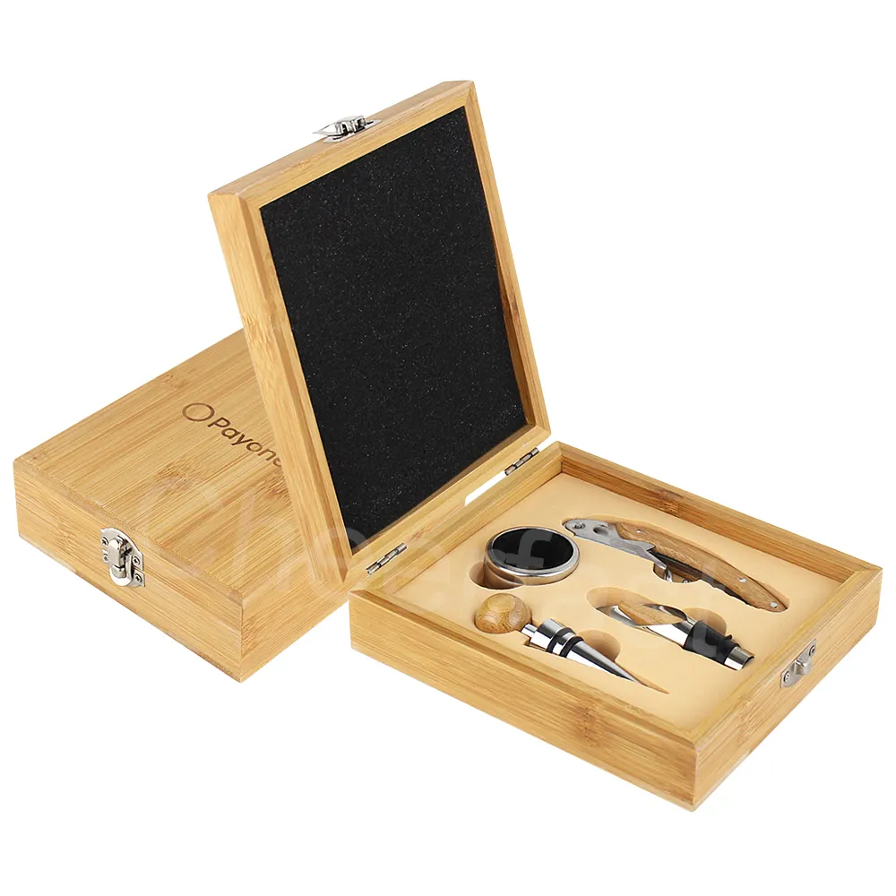 Opener Set Wholesale Stainless Steel 4Pcs Bar Tools Wood Wine Bottle Accessory And Bamboo Wooden Box 4 Pieces Kit Wine Accessories Gift Set