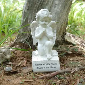 Resin Art Creamy-White Angelic Praying On Base Latex Angel Statue For Decor