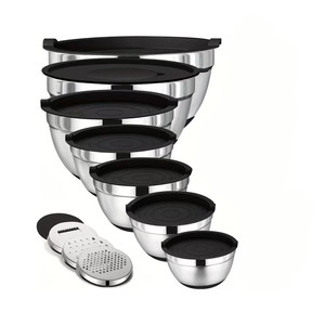 Ensemble de bols mélangeurs empilables en acier inoxydable kaki avec couvercles hermétiques et râpe, pour le stockage alimentaire, design moderne et simple - Product Image 5