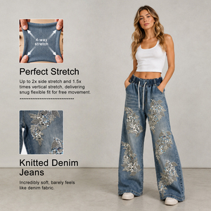 Stylish Washed Straight Denim Trousers with Silver Thread and Sequin Floral Applique, <strong>Drawstring</strong> <strong>Jeans</strong> for Hot Girl Fashion - Product Image 1