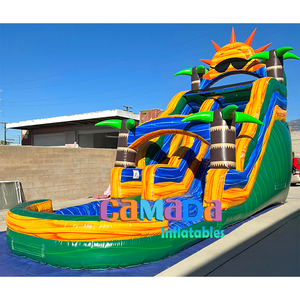 Structure gonflable commerciale pour jardin, thème palmier tropical, avec château sauteur, toboggan aquatique en marbre et piscine - Product Image 2