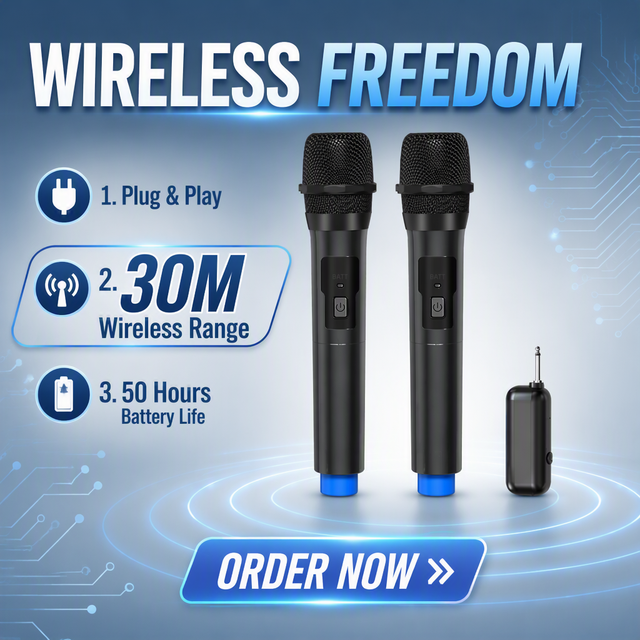 Rechargeable 2.4G Dual Wireless Handheld Mic System Removable 18650 Battery 50H Time for Speech