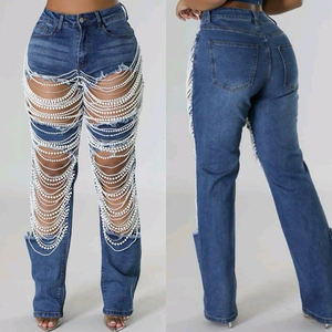 2024 pantalones vaqueros huecos grandes para mujer, Pantalones rectos con colgante de cadena de perlas, pantalones de mamá, pantalones de pierna ancha - Product Image 3