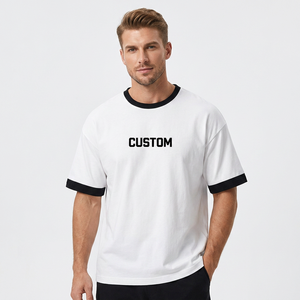 Camiseta Casual de <span class=keywords><strong>Hombre</strong></span> de Algodón Pesado, Oversize, Personalizada, con Detalle de Bloques de Color Sólido y Ribete de Contraste Blanco en los Puños - Product Image 1