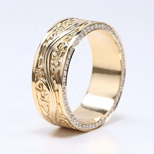 Customized 14K <b>18K</b> Solid <b>Gold</b> Lab Grown Diamond <b>Men</b> Wedding <b>Ring</b> Carved Band Pavé Jewelry Gift - Product Image 1
