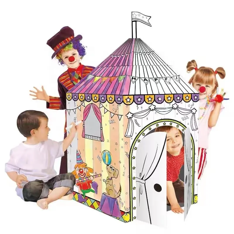 3D Kids DIY Paper Craft Large Foldable Painted Tent design Children Cardboard Playhouse With 6 Painting Markers