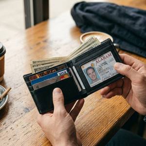 Portefeuille bifold en <span class=keywords><strong>cuir</strong></span> véritable pour hommes, avec blocage RFID, <span class=keywords><strong>porte</strong></span>-cartes fin avec fenêtre d'identification, logo personnalisé OEM - Product Image 5