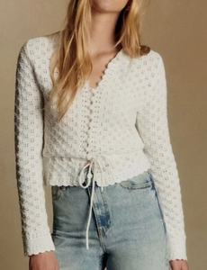 Country-estilo outono/inverno algodão orgânico feminino enganchado bordado abotoado malha Openwork Drawstring Belled gola Top - Product Image 1