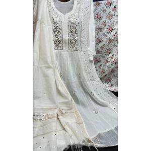 รูปแบบที่สวยงามสีทึบสีขาวที่สวยงามผ้าไหมเสื้อคลุมผ้าไหมผ้าไหมสไตล์ kurta เข่า dupatta ธรรมชาติ - Product Image 1