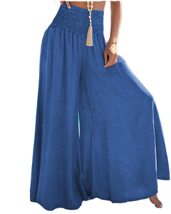 Pantalones Anchos Casuales de Tela Fluida, Ligeros, Cómodos y Transpirables, con Cintura Elástica, Largos, para Vacaciones, en Color Liso - Product Image 1