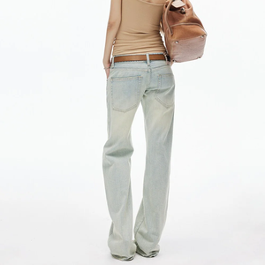 Jean évasé vintage délavé pour femme, taille ultra basse, coupe bootcut, jambe longue, avec logo personnalisé, vente en gros - Product Image 5