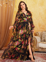 Robe de soirée longue à manches lanternes, taille plissée, col en V, avec broche en strass, pour femmes grandes tailles, avec fente et ceinture