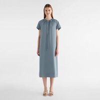 Robe midi décontractée bleu-gris pour femme, col à cordon, manches courtes, boutonnée sur le devant, coupe ample, idéale pour le quotidien, personnalisable OEM