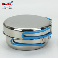 Ensemble de cuisine de camping Sus304, casseroles en acier inoxydable empilables, pour l'extérieur, logo personnalisé accepté, 9 pièces, corps et poignée en silicone
