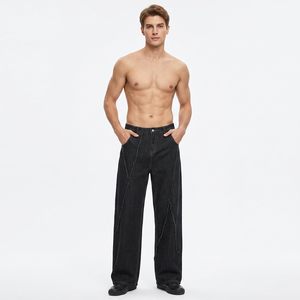 Jean en denim ciré pour homme, coupe large, taille mi-haute, couleur unie, en coton, décontracté, avec braguette boutonnée, en tissu tissé, grandes tailles - Product Image 1