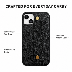 Custodia per telefono in vera pelle con cinturino da polso, rivetti dorati, in pelle pieno fiore martellata, con impugnatura per dita, antiurto, per <span class=keywords><strong>iPhone</strong></span>, logo personalizzabile - Product Image 2