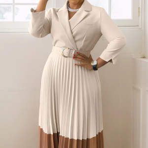 Spring Autumn Women Casual Full Sleeve V-neck Natural Waist Breathable A-Line Midi Solid Dyed African Dress <b>Belt</b> - Product Image 1