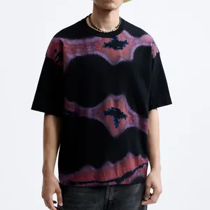 Digital Printing Knit Cotton Short Sleeve Custom Logo Crew Neck Plus Size Men High Street Black 300 Gsm T Shirt